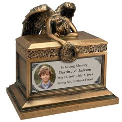 Weeping Angel Photo Child Cremation Urn - Custom Wings & Silver Engraving - Beautiful Mourning Angel