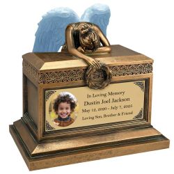 Weeping Angel Photo Child Cremation Urn - Custom Wings & Gold Engraving - Beautiful Mourning Angel