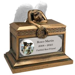 Weeping Angel Photo Pet Cremation Urn - Custom Wings & Silver Engraving - Beautiful Mourning Angel