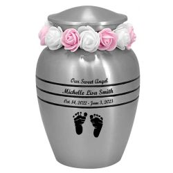 Classic Pewter Toddler Feet Urn & Pink - Tribute Wreath™ - Free Pro Diamond Engraving