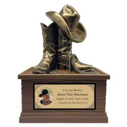 Cowboy Boots Hat & Rope Adult Cremation Urn - Free Engraved Plate - Photo Option