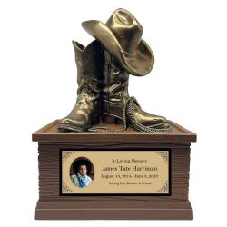 Cowboy Boots Hat & Rope Child Cremation Urn - Free Engraved Plate - Photo Option