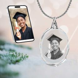 2D Crystal Photo Round Necklace Pendant - Engraving Option - Free Chain