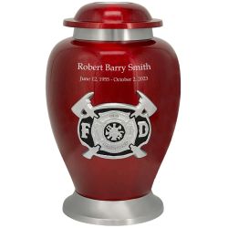 Firefighter Red & Pewter Urn - Pro Diamond Engraving - Burial Vault Option