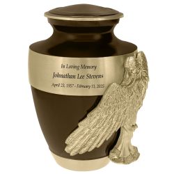 Wings of an Angel Gold Band Brown Adult Urn - Pro Laser Engraving - Burial Vault Option