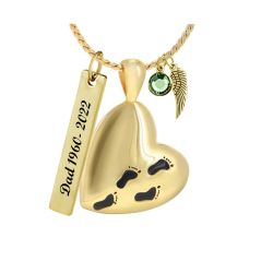 Gold Footprints Across My Heart Pendant Cremation Urn - Love Charms Option