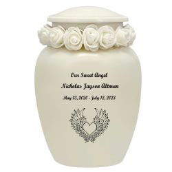 Ivory Child Wings Urn & White Tribute Wreath™ - Pro Sand Carved Engraving
