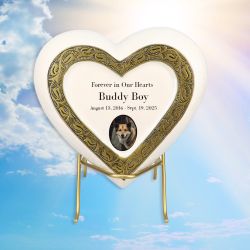 Large Dog Golden Heart Photo or Paw Prints Urn - Dog Brass Urn - Free Golden Stand