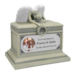 Weeping Angel Photo Pet Patina Cremation Urn - Custom Wings & Silver Engraving - Beautiful Mourning Angel
