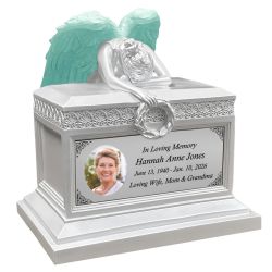 Weeping Angel Photo Pearl White Adult Cremation Urn - Custom Plate and Wings - Beautiful Mourning Angel