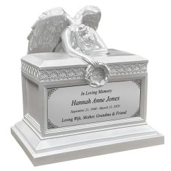 Weeping Angel Pearl White Adult Cremation Urn - Custom Plate and Wings - Beautiful Mourning Angel