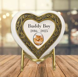 Small Cat Golden Heart Photo or Paw Prints Urn - Brass Urn - Free Golden Stand