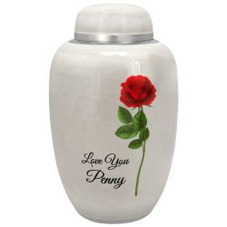 Single Red Rose White Adult Urn - FAST SHIPPING - Pro Laser Engraving - Burial Vault Option
