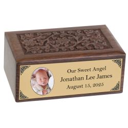 Infant Photo Gold Plate Floral Wood Urn - Free Engraving - Lifetime Guarantee - Fast Shipping