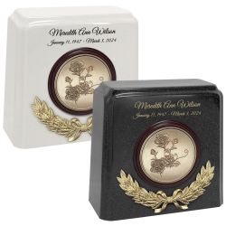 Wreath of Roses Granite Cremation Urn - Choose White or Gray