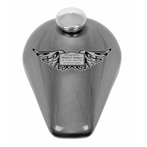 Motorcycle enthusiast silver bike gas tank urn.