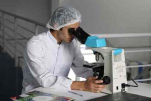 Scientist studying alkaline hydrolysis.