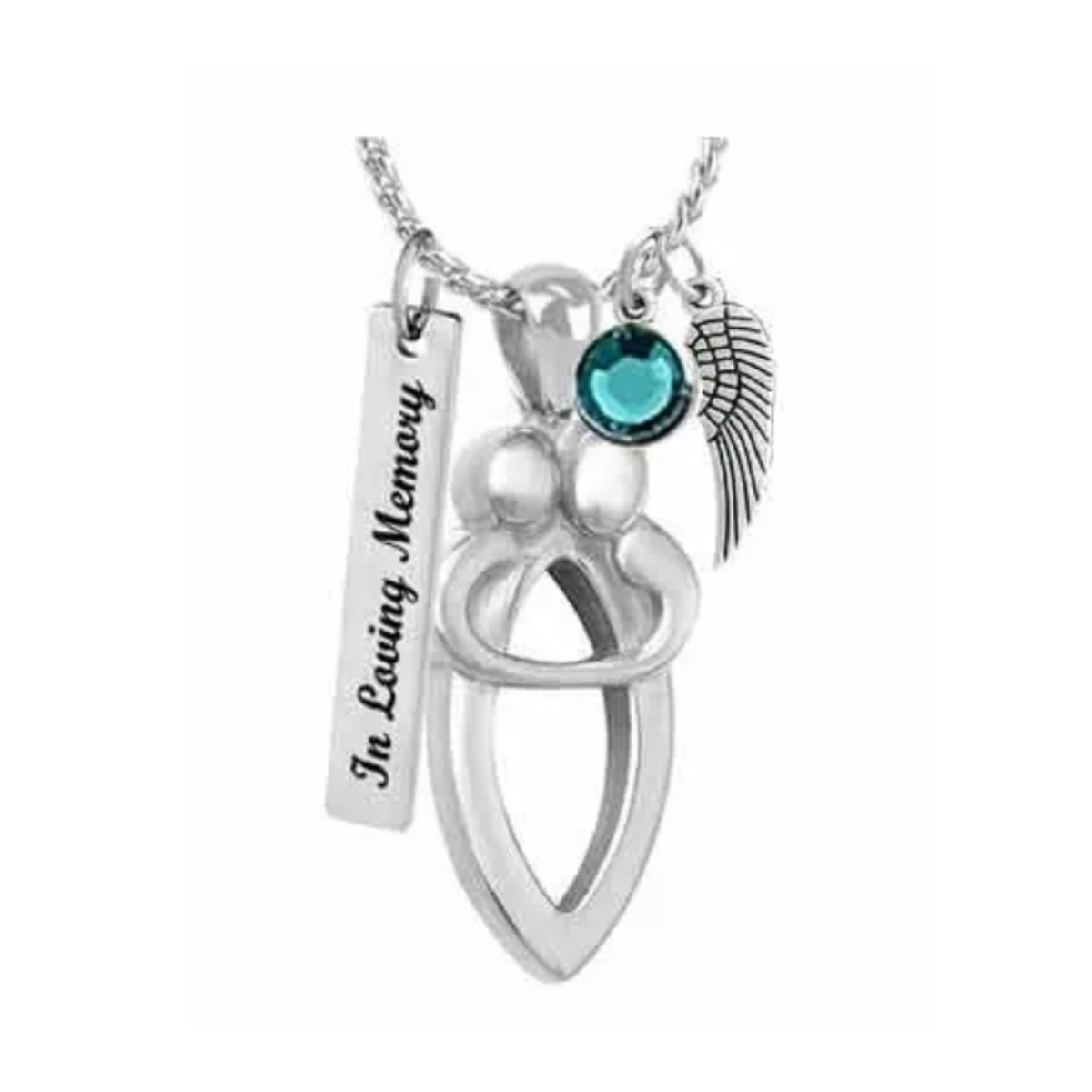 The Eternal Embrace Stainless Pendant Urn - Love Charms™ Option is made of stainless steel. This pendant urn has two people in an eternal embrace.