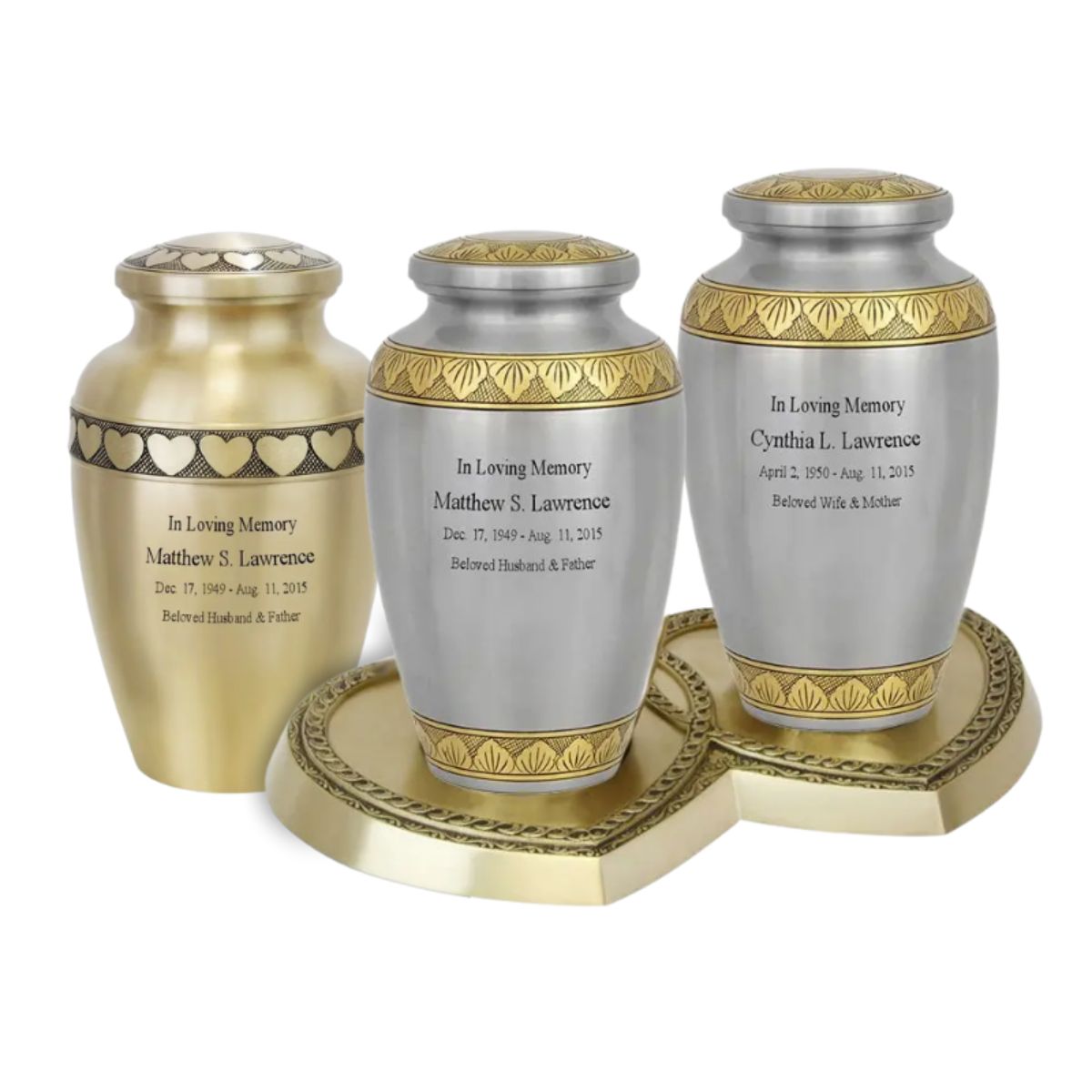 Each set of urns comes with a heart shaped base to hold the two companion urns. These quality made brass urns can be custom engraved each with a sentiment, name, dates, and a further sentiment.