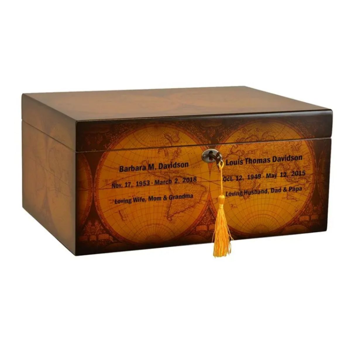The Old World Companion Quality Chest Urn© Series is a high polished mahogany urn. The hidden hinges are quality brass, finish in pewter piano hinges.