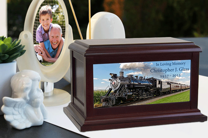 Train cremation urn. Black wooden custom cremation urn.