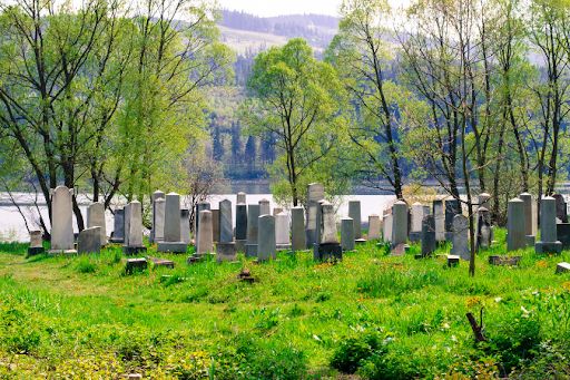 Small cemetery next to a lake with lush green grass.
