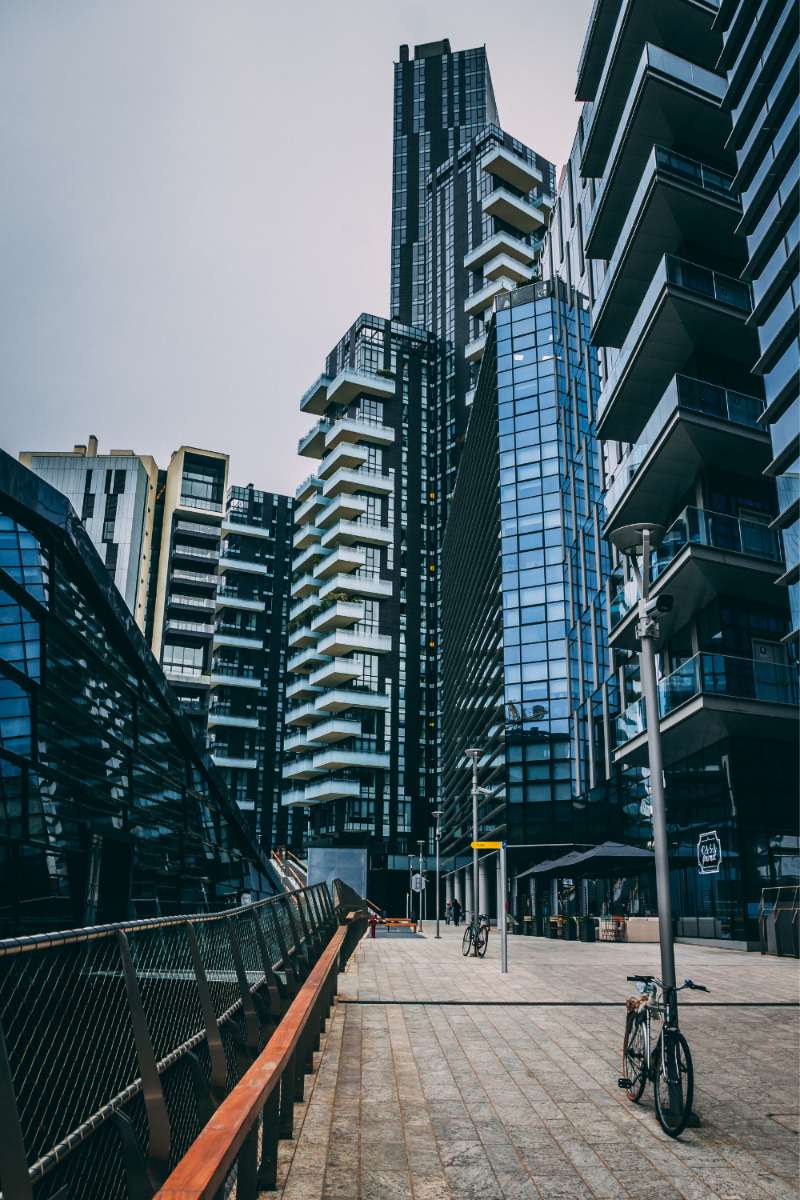 Picturesque view of skyscrapers in the city from the ground.