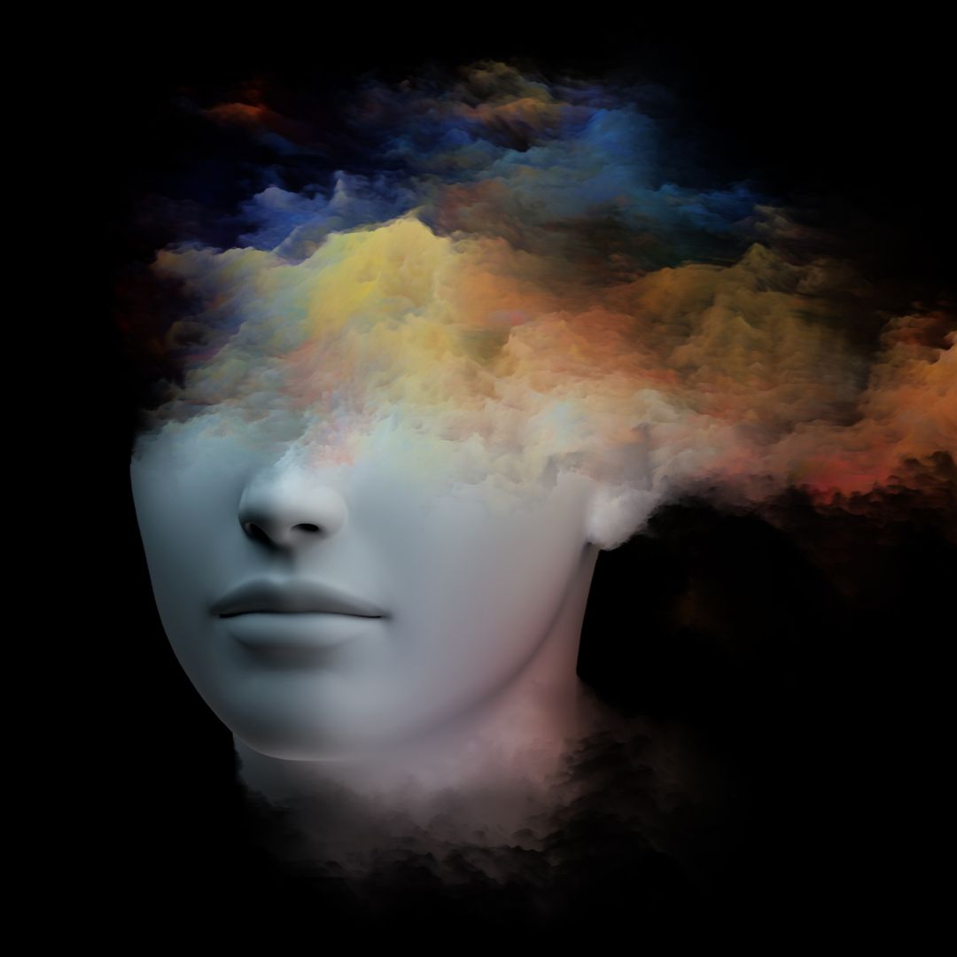 Illustration of a face with the top portion turning into colored clouds and smoke.