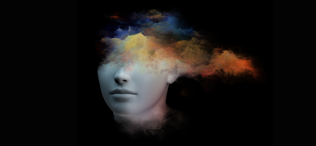 Illustration of a face with the top portion turning into colored clouds and smoke.