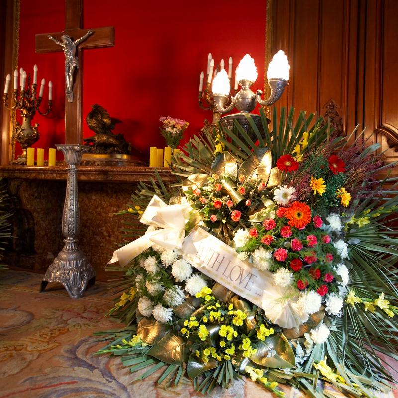 Flower arrangement at a funeral home.