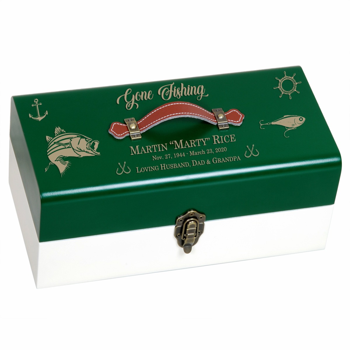 Fishing box wood cremation urn.