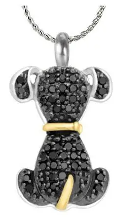 Dog shaped cremation keepsake necklace.
