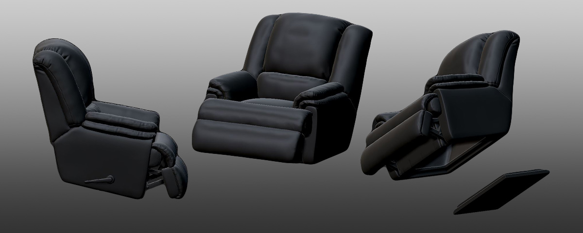 Views of the digital model used for 3D printing the recliner.