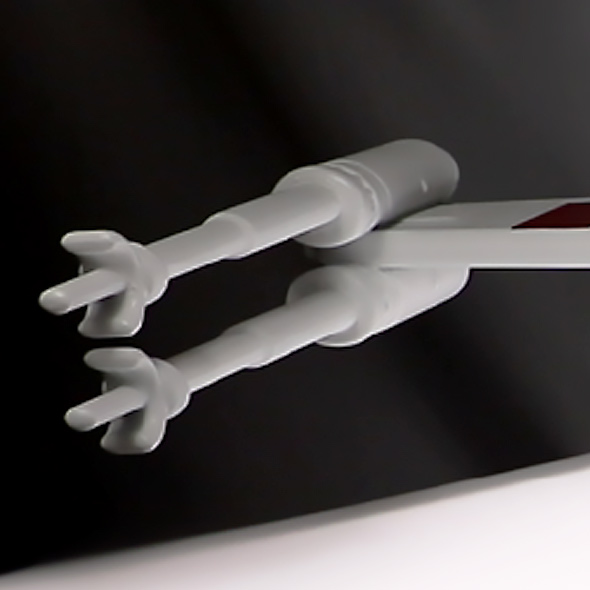 A close-up of the turrets on the 3D-printed X-wing.