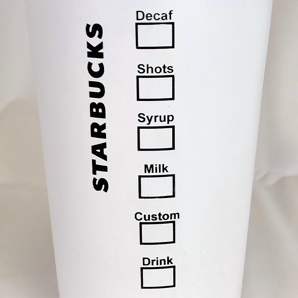 The detailing of the Starbucks 3D-printed urn mimics the drink options printed on a Starbucks paper cup.