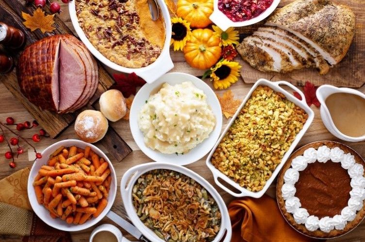Thanksgiving meal spread on a table.