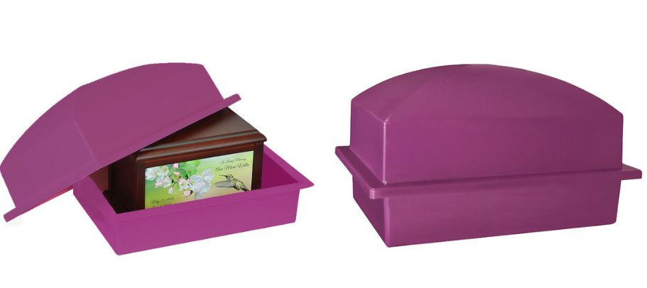 Purple outer burial container.